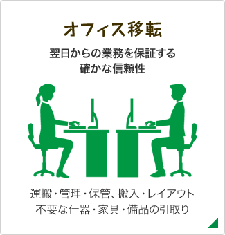 オフィス移転　翌日からの業務を保証する確かな信頼性　運搬・管理・保管、搬入・レイアウト　不要な什器・家具・備品の引取り